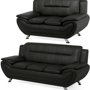 SHIRAZ 3+2 LEATHER SOFA SET – BLACK